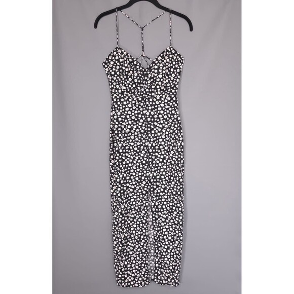 ZARA Midi Dress MEDIUM Floral Strappy Side Slit Black White LINEN Blend  2977/760 - threedaughtersproperties.com